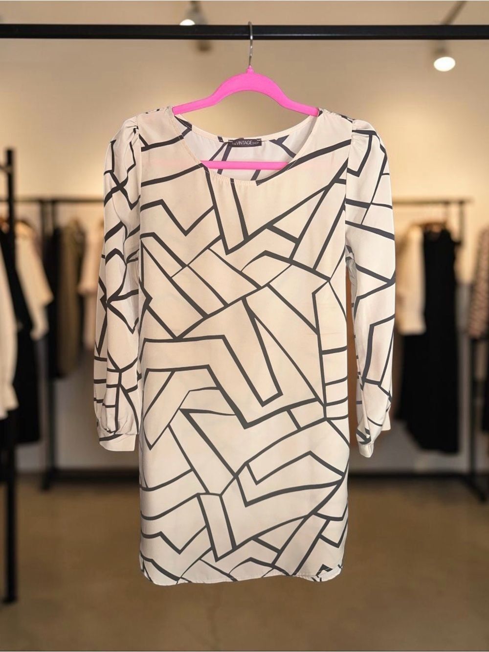 The Vintage Shop Geometric Print Shift Dress in Cream and Black. Size Medium.